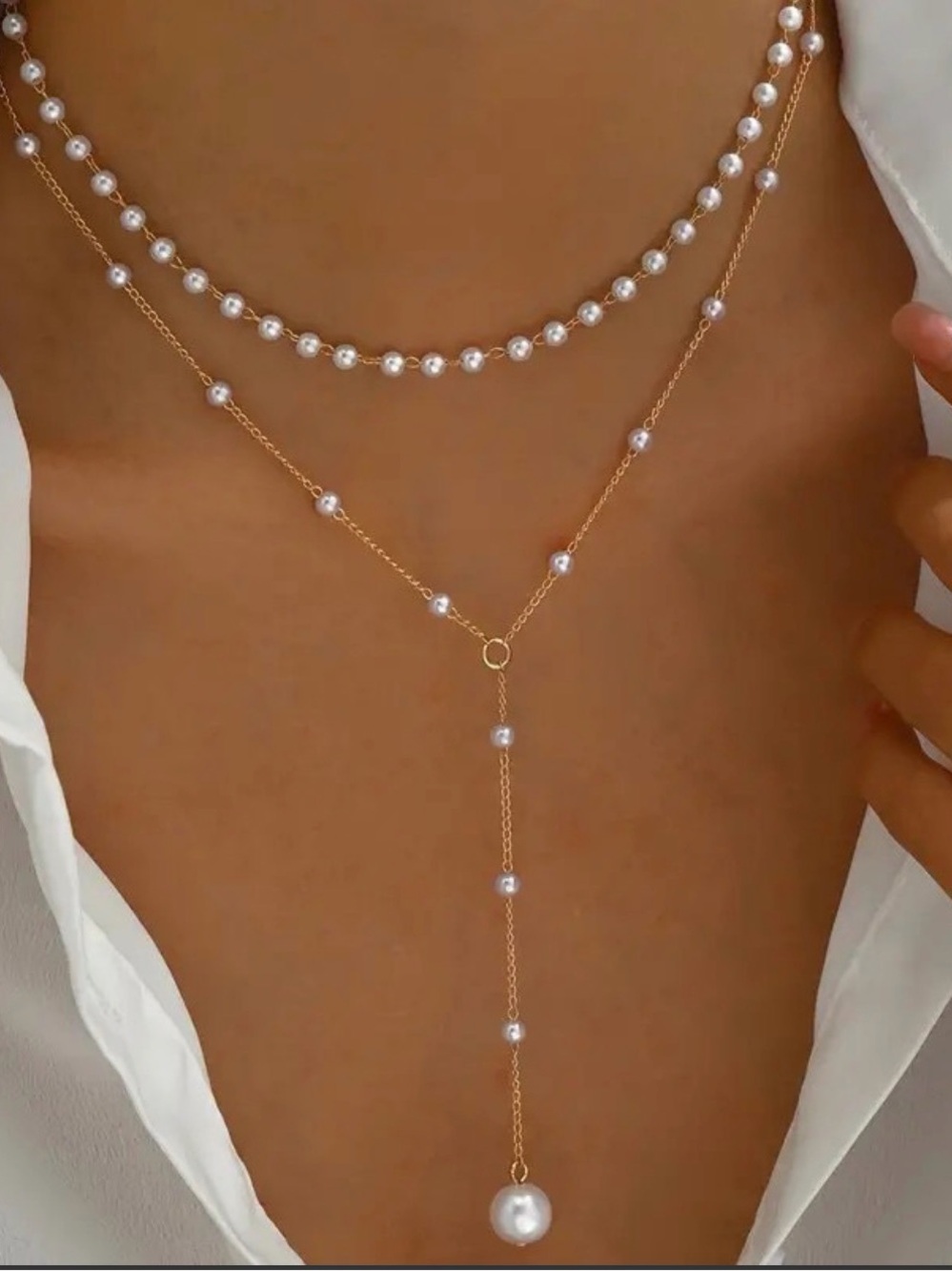 Gold Pearl Layered Y Necklace with Drop Pearl